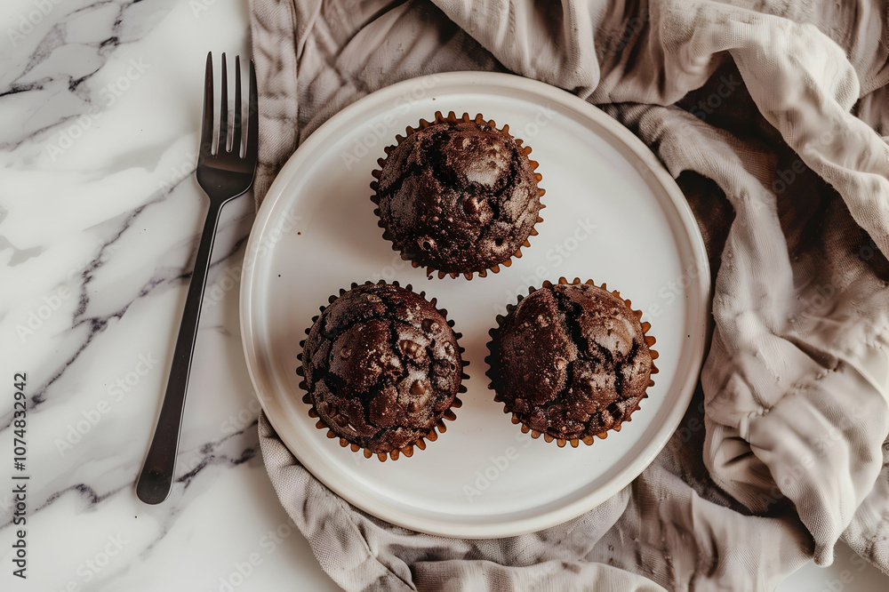 custom made wallpaper toronto digitaltop view of fresh chocolate muffins on white plate and brown napkin near fork on marble surface