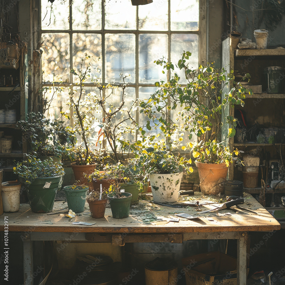 Rustic garden workspace with potted plants and sunlight Rustic garden workspace with potted plants and sunlight
