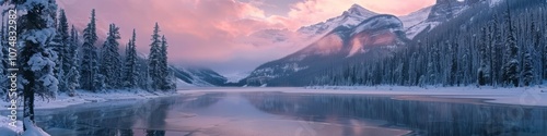 Frost-kissed lake reflects pastel sunrise colors with a snow-covered mountain backdrop and empty space for text