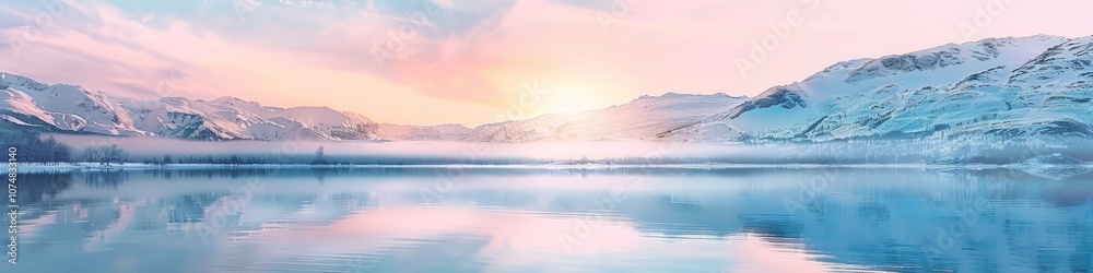 Frost-kissed lake reflects pastel sunrise colors with a snow-covered mountain backdrop and empty space for text Frost-kissed lake reflects pastel sunrise colors with a snow-covered mountain backdrop and empty space for text