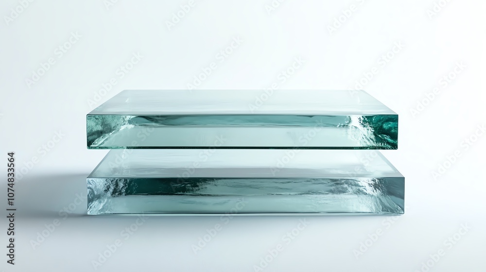 Two clear glass blocks stacked on each other against a white background. Two clear glass blocks stacked on each other against a white background.