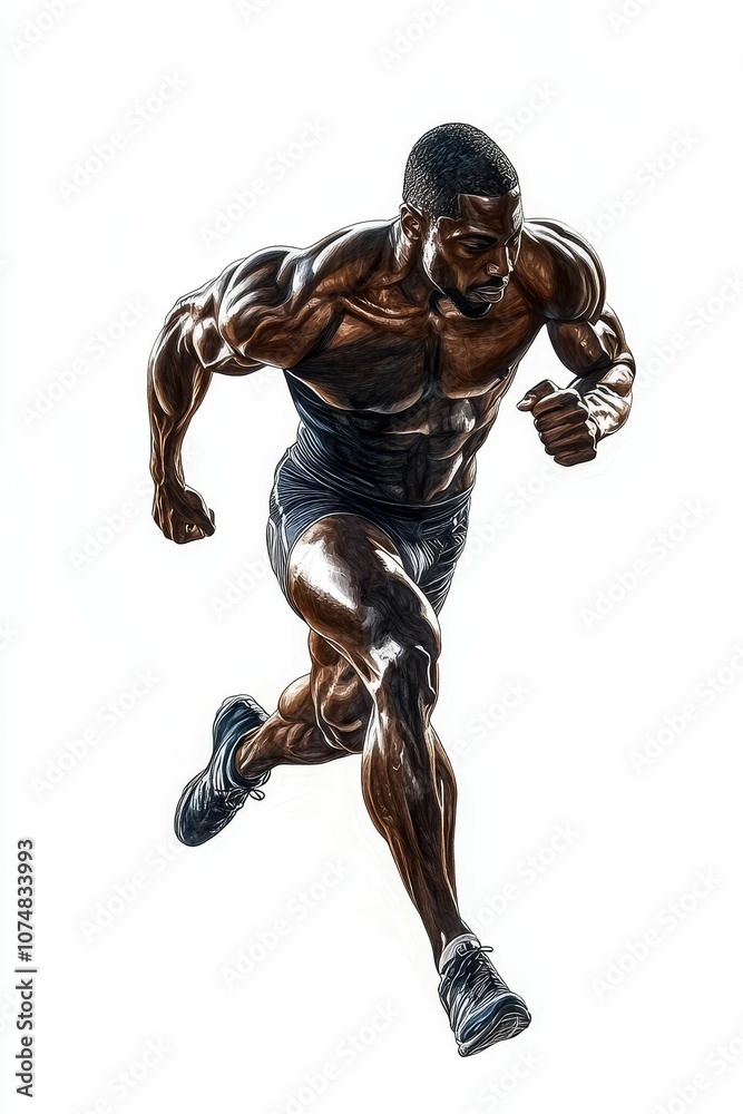 Muscular man running in mid-air.