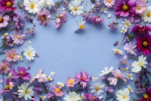 top view of beautiful flowers on violet background with copy space