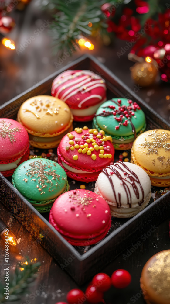 Fototapeta premium Festive macarons in gift box for holiday celebrations and culinary delight