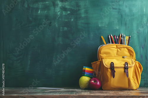 yellow backpack with school supplies on desk near green chalkboard