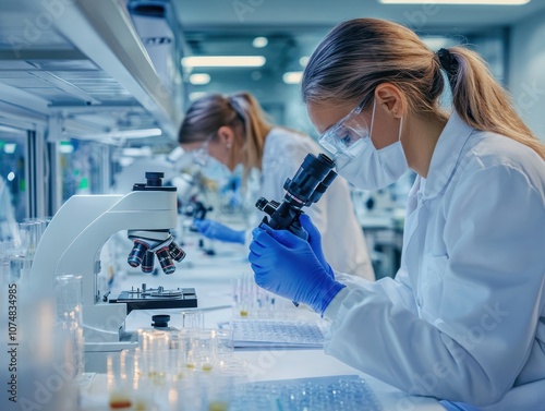 Microbiology laboratory with scientists studying microorganisms under microscopes