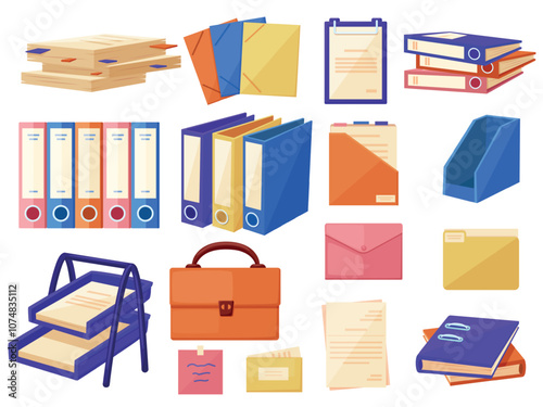 Office documents and folders. Paper management system elements, corporate or school archives. Stationery documents, isolated cartoon nowaday vector set