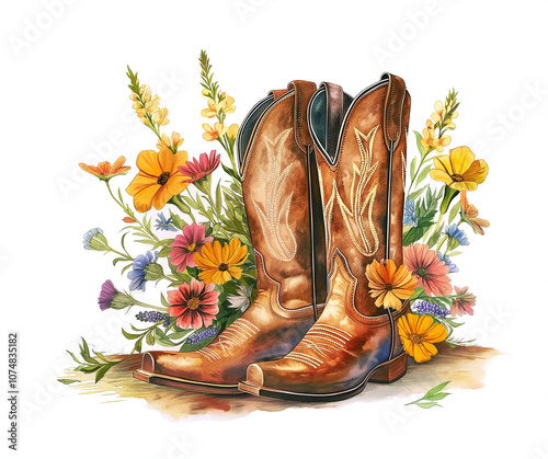 Watercolor illustration of ornate wooman cowboys boots with flowers on white photo