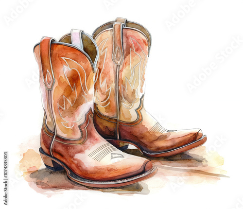 Watercolor the first rodeo boots illustration on white