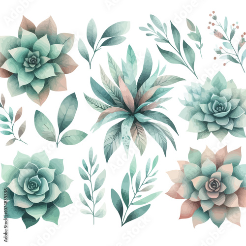 Collection of boho floral leaves with watercolor succulents, painted in soft greens and blues vector