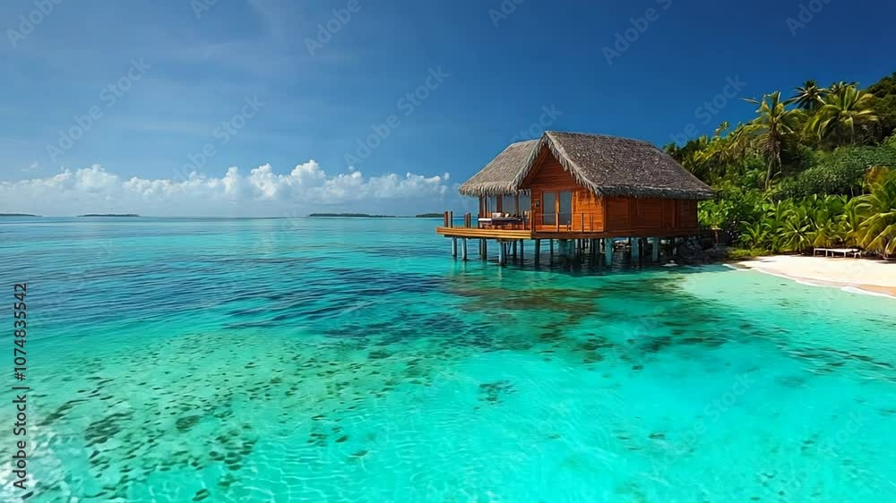 A tropical island paradise with an overwater bungalow and blue ocean. A tropical island paradise with an overwater bungalow and blue ocean.