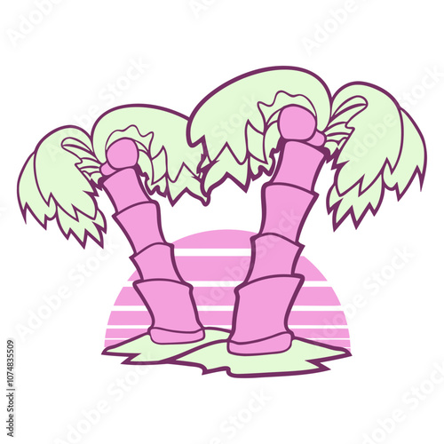 2 Palm Trees Island Tree Stripe Sun Sunset Evening Beach Vacation South Seas Tropical Warm Weather Caribbean Nature Lover Summer Holiday Life Isolated T-Shirt Poster Sticker Print Illustration Design