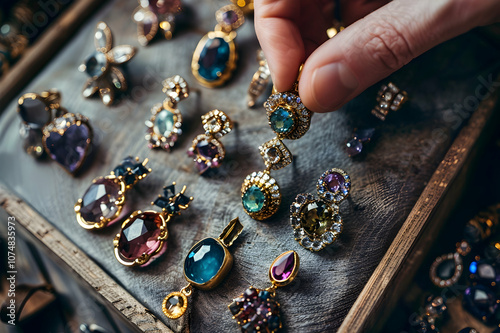 Selective focus of earrings on jewelry pillow near gemstones and hand of jewelry appraiser on wooden photo