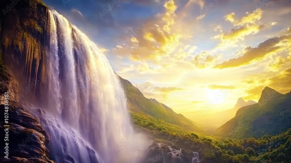 Majestic Waterfall Flowing into River with Scenic Mountain Landscape at Sunset. Nature and Adventure Concept