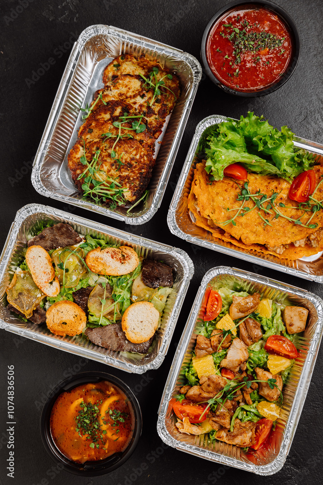 Delicious gourmet meal set in foil containers with salad and soup, ideal for catering or delivery Delicious gourmet meal set in foil containers with salad and soup, ideal for catering or delivery