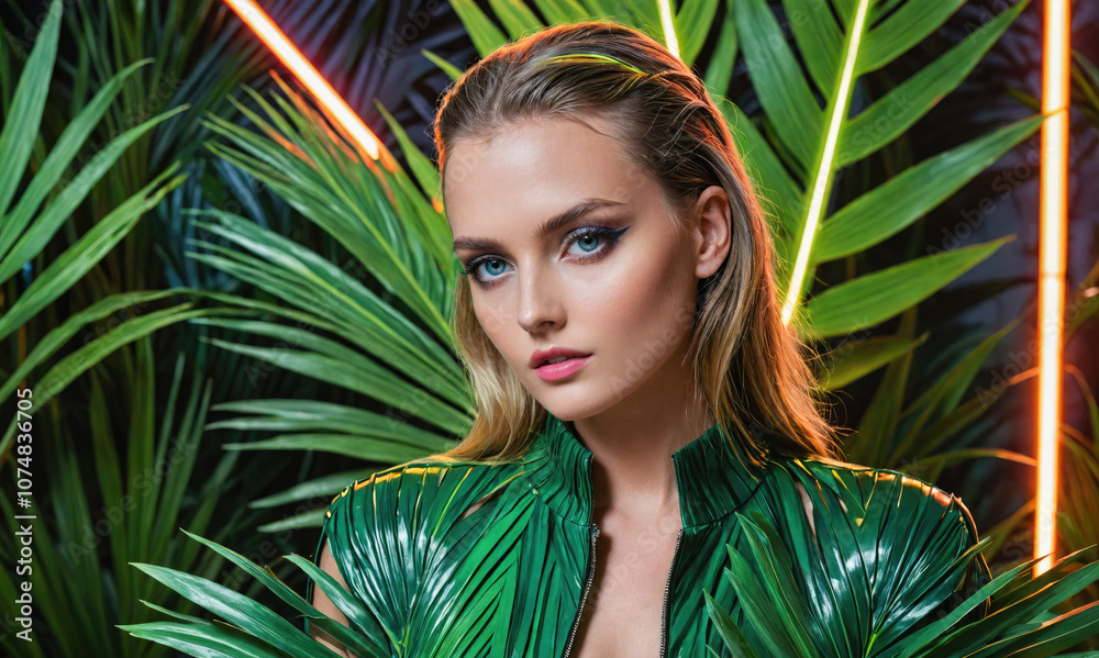 A young woman with blue eyes stares intensely into the camera while wearing a green jacket and standing in front of large green leaves A young woman with blue eyes stares intensely into the camera while wearing a green jacket and standing in front of large green leaves