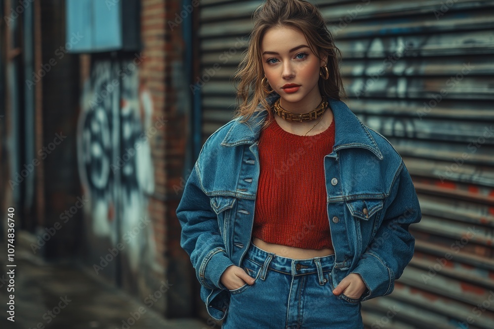 Stylish urban street fashion, young woman walking confidently in the city. Generative AI