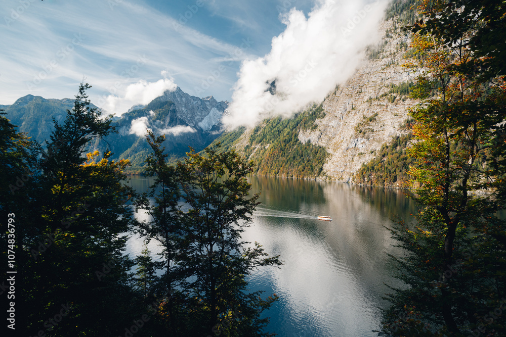 Lake Königssee with ship and mountains in Nationalpark Berchtesgaden, Bavaria, Germany