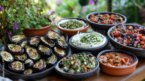 Vibrant Garden Setting with Handmade Grilled Eggplant Dishes and Dips on Patio Table Capturing Summer Gatherings Essence