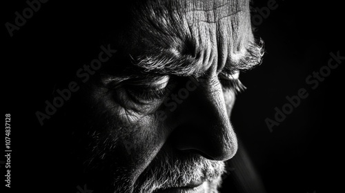 Portrait of an Elderly Man in Deep Thought, Black and White Close-Up