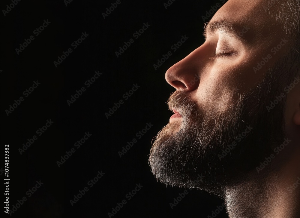 close-up of bearded man in profile close-up of bearded man in profile