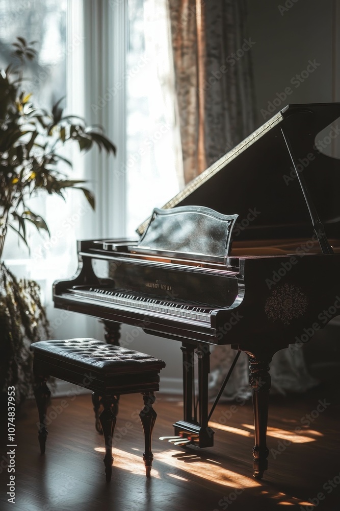 Fototapeta premium Black grand piano with open lid and bench.