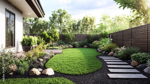 Modern Backyard Landscape Design with Stone Path and Lush Greenery