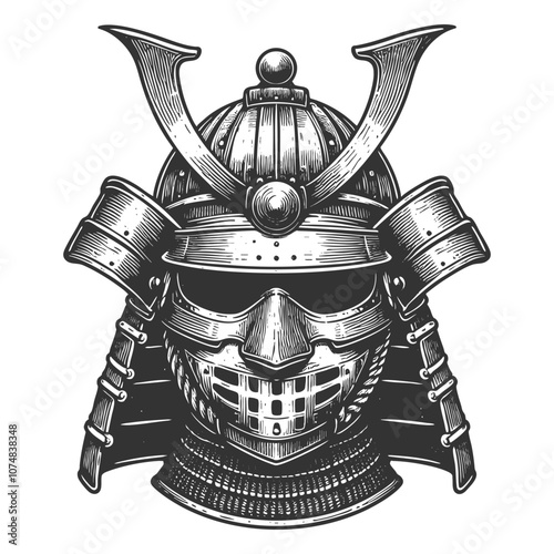 traditional samurai helmet, showcasing intricate armor design and ancient Japanese warrior aesthetics sketch engraving generative ai vector illustration. Scratch board imitation. Black and white image