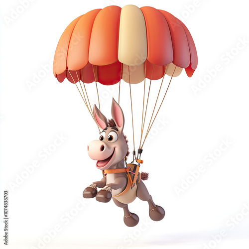 3D funny cartoon donkey on a parachute, isolated, on a white background. Funny print for T-shirts. Character for a logo, illustration for an ironic advertisement of parachute sections, active recreati photo