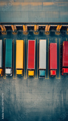 An aerial view of a line of semi-trucks parked at a loading dock.