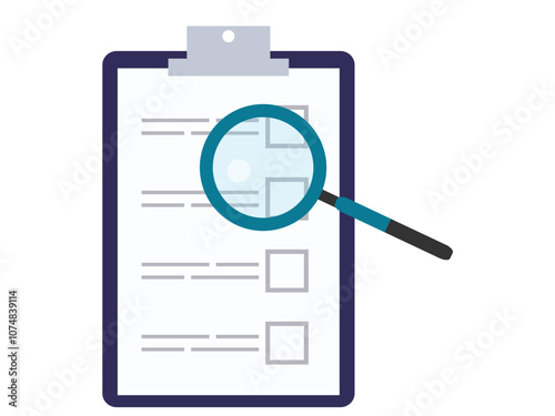 Closer look to clipboard for searching on tasklist with magnifying for important document searching in clipboard unchecked tasklist vector illustration.Highlighting document review,task prioritization