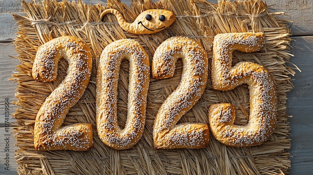 Celebrating 2025, bread numbers and snake symbol on rustic background Celebrating 2025, bread numbers and snake symbol on rustic background