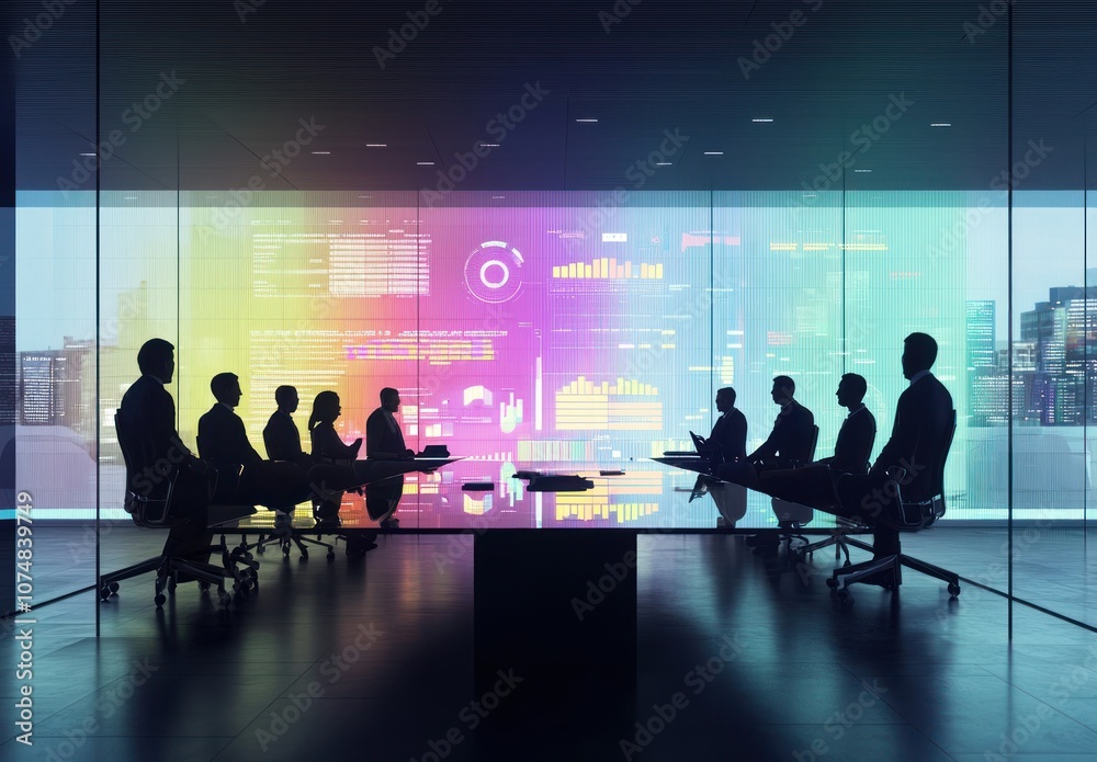 Corporate team strategizing in a collaborative meeting with digital technology tools for advanced marketing data analysis and informed investment decision-making in a modern business environment Corporate team strategizing in a collaborative meeting with digital technology tools for advanced marketing data analysis and informed investment decision-making in a modern business environment
