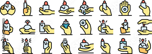 Diverse collection of hand gestures interacting with candles and lighters, symbolizing fire, light, and warmth