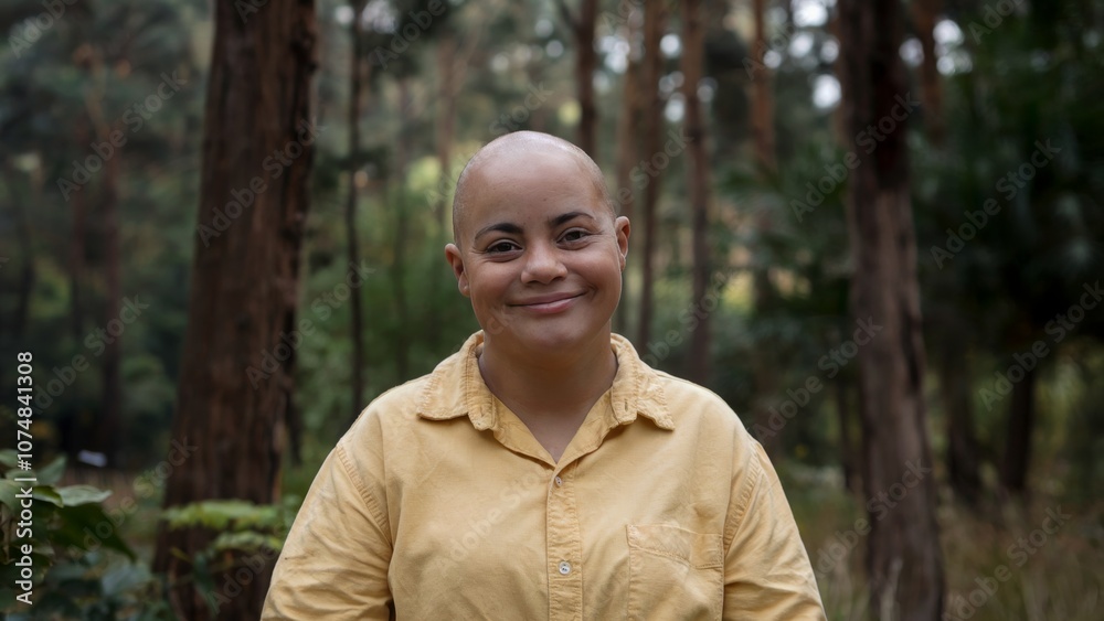 Photo of bald woman with Down syndrome smiling against forest background, capture happiness and connection with nature. Community concept Photo of bald woman with Down syndrome smiling against forest background, capture happiness and connection with nature. Community concept