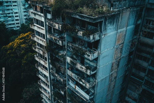 Abandoned high-rise buildings with broken windows and overgrown balconies, towering over forgotten cities #1074841568