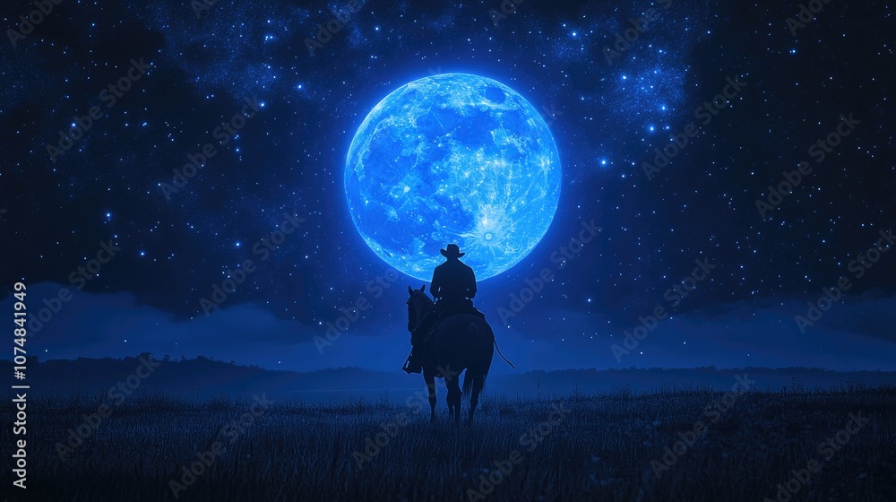 Cowboy Silhouette on Horseback with Oversized Blue Moon and Starry Sky Background for Western and Nighttime Scenes Cowboy Silhouette on Horseback with Oversized Blue Moon and Starry Sky Background for Western and Nighttime Scenes