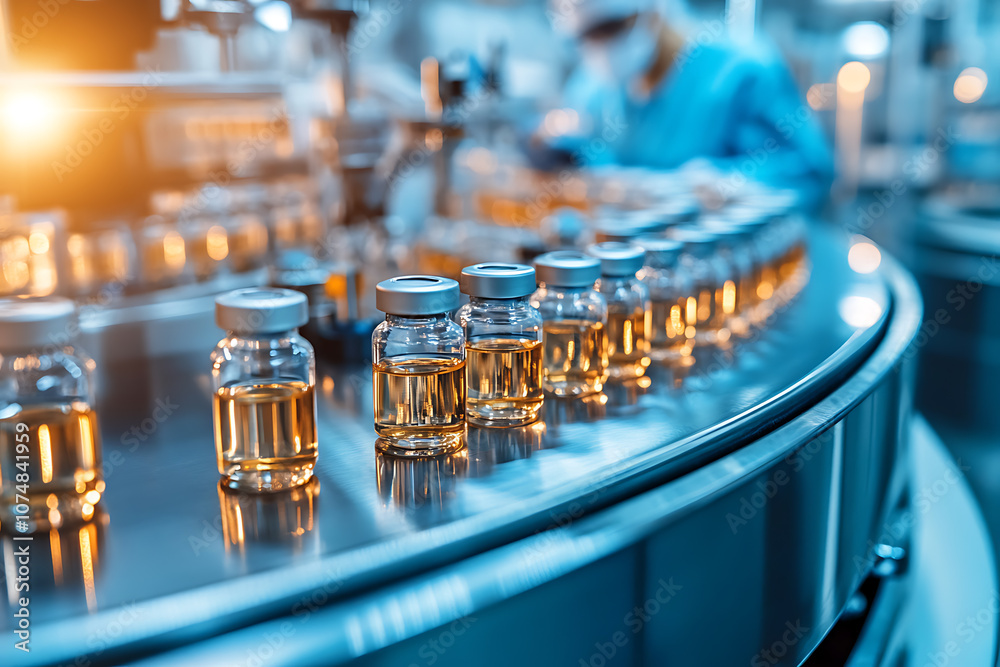 A pharmaceutical production line with workers in lab coats and masks meticulously processing glass medical vials, emphasizing precision and safety in a sterile environment A pharmaceutical production line with workers in lab coats and masks meticulously processing glass medical vials, emphasizing precision and safety in a sterile environment