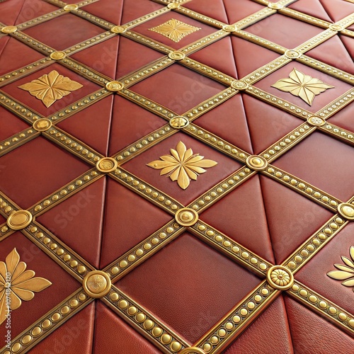 3d high quality seamless realistic texture tiles soft geometry form made from red leather with golden decor stripes and rhombus photo