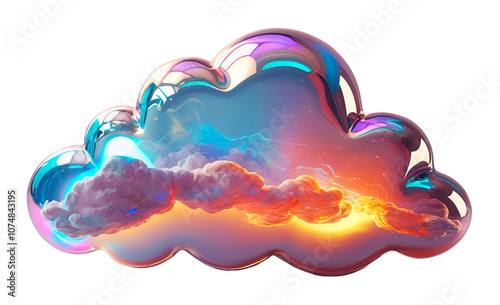 3D chrome element in Y2K style, isolated background, liquid holographic metal. A colorful cloud with a rainbow made of glass, shiny, reflective surface.