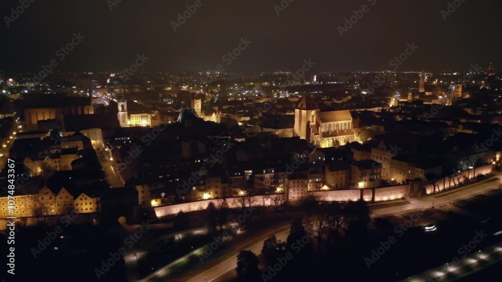 Night view from a drone of illuminated Torun, Poland Night view from a drone of illuminated Torun, Poland