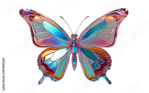 3D chrome element in Y2K style, isolated background, liquid holographic metal. A butterfly with a rainbow colored body and wings, shiny surface.