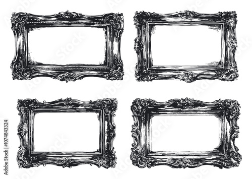 Antique Picture Frame Collection Engraving Illustration White Background Elegant Vintage Frames Detailed Engravings Ornate Designs Classic Artifacts Decorative Borders Aesthetics