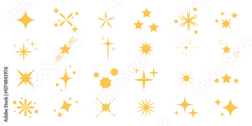 Yellow sparkles big set, sparkling stars, shiny flashes of fireworks. Abstract shine effect sign. Shining twinkle sunburst shapes collection. Vector illustration