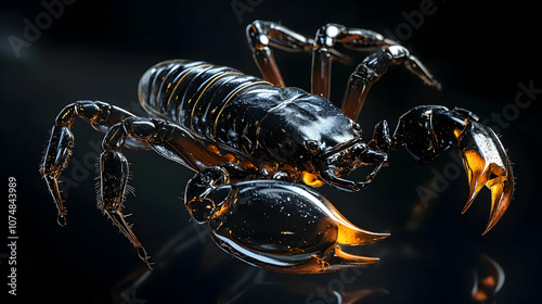 
poisonous emperor scorpion of wildlife, 3d rendering of crystal glass coating in dark background photo