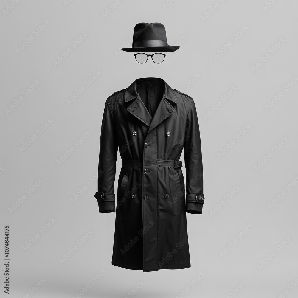 an invisible man wearing a hat and glasses and a suit isolated on gray background, Unseen figure unknown incognito.
an invisible man wearing a hat and glasses and a suit isolated on gray background, Unseen figure unknown incognito.