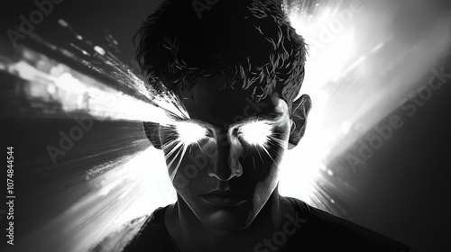 Surreal portrait of man with glowing eyes and abstract light bursts