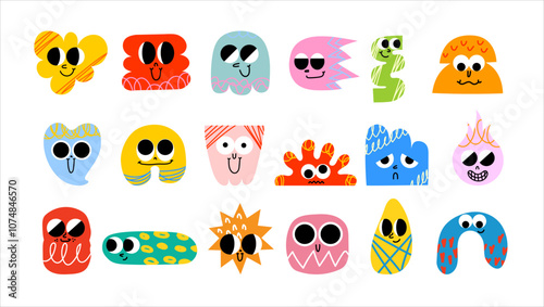 Funny cartoon characters mascots in trendy retro style and different geometric shapes. Hand drawn abstract funny cute comic characters sticker pack. Diversity concept.
