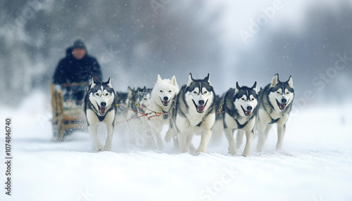 Group of huskies and Malamutes pulling sled through snow in Alaska. Man driving sled appears blurred in background. Snow-covered landscape enhances action and energy. Snowy wild nature Capture scene