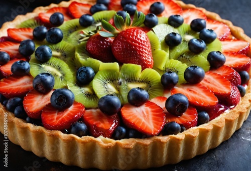 Close-up shot of a vibrant fruit tart with fresh strawberries, blueberries, and kiwi, arranged on a buttery crust, topped with a glaze, against a dark background. Ai generated image.